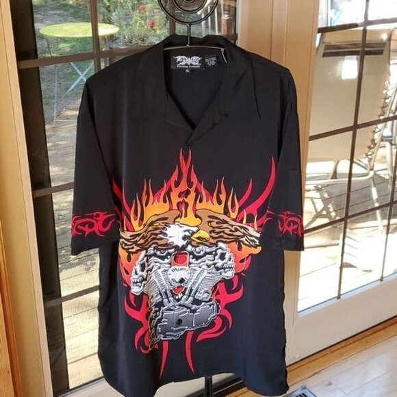 Dragonfly Clothing Co. Fire Eagle‎ Skull Motor Buttondown Short Slv Sz XL Shirt - Picture 2 of 12
